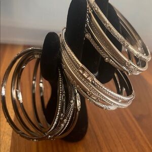 Lot of 14 Lia Sophia Bangle Bracelets, 5 hematite & 9 Silver w/crystals